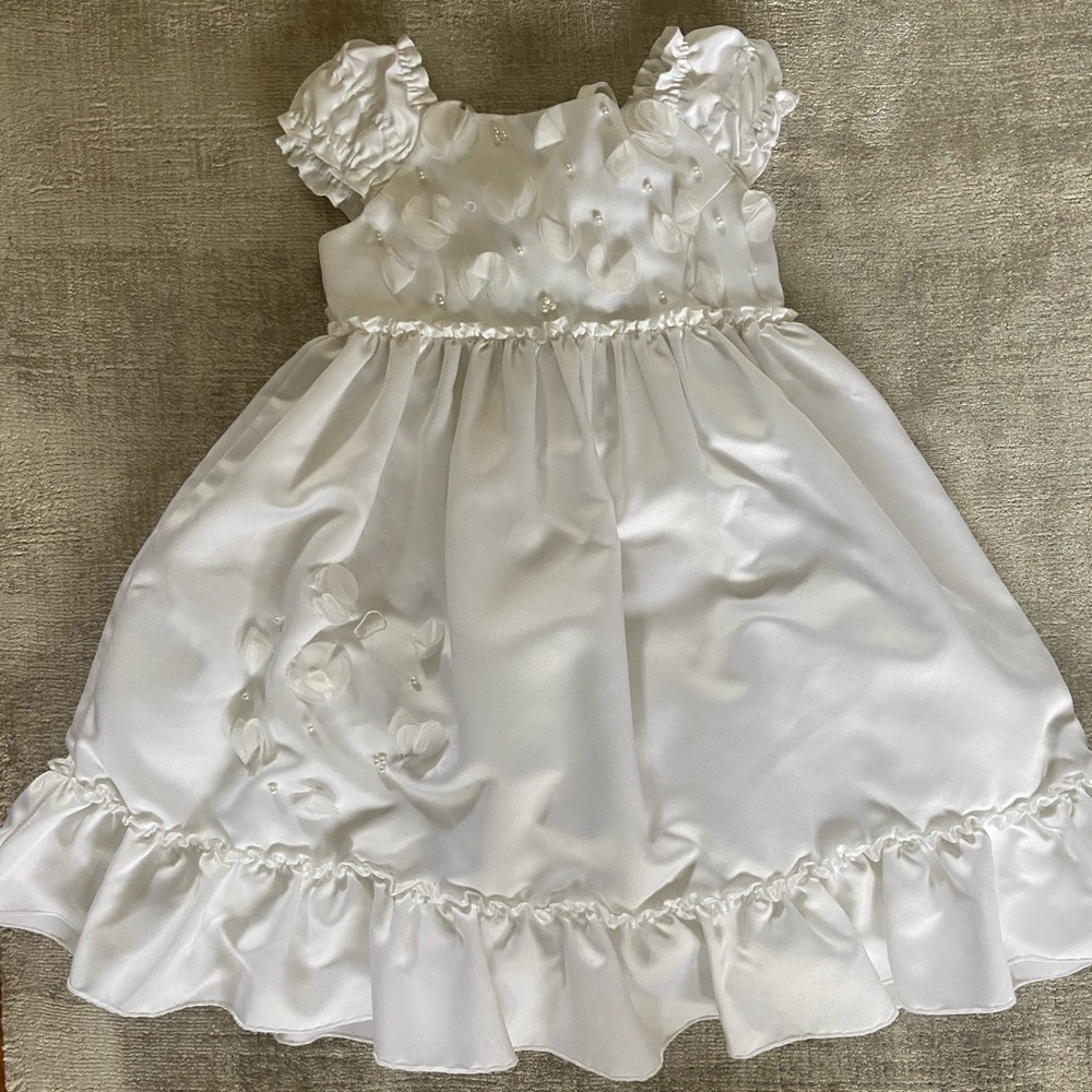 Flower girl dress or formal - White Satin Dress with Floral Accents